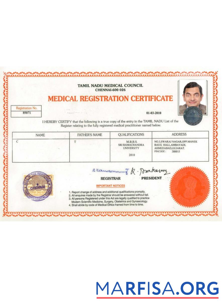 Realistic India Tamil Nadu registration certificate real example